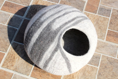 Hand-Felted Wool Cat Cave – Grey and White Striped Cocoon Bed