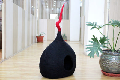 Black Felt Cat Cave Pod - Handmade Wool Pet  Bed - Cozy Cat House Furniture - Ideal Gift for Pet Lovers