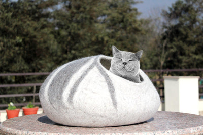 Hand-Felted Wool Cat Cave – Grey and White Striped Cocoon Bed