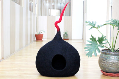 Black Felt Cat Cave Pod - Handmade Wool Pet  Bed - Cozy Cat House Furniture - Ideal Gift for Pet Lovers