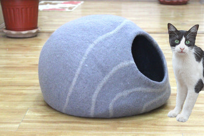 Handmade Cat House - Felt Cat Cave With Wavy Stripes Design - Cozy Hideaway - Ideal Gift  - Unique Round Pet Bed