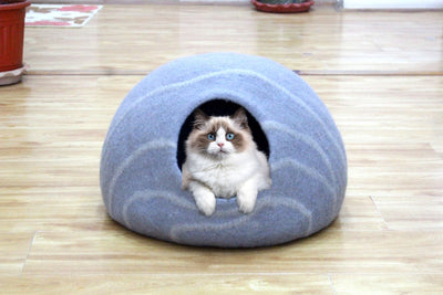 Handmade Cat House - Felt Cat Cave With Wavy Stripes Design - Cozy Hideaway - Ideal Gift  - Unique Round Pet Bed