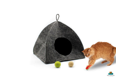 Dark Grey Tent Felt Cat Cave - Felted Pet Bed for Your Cat - Handmade in Nepal - Modern Pet Furniture