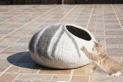 Hand-Felted Wool Cat Cave – Grey and White Striped Cocoon Bed