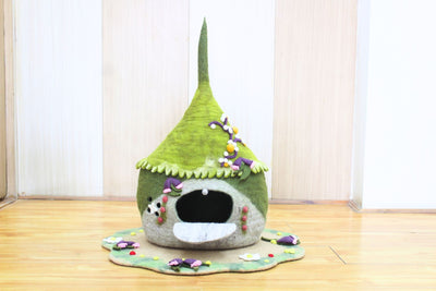 Authentic Design Felt Cat Cave With Placemat - Pet Friendly Cave -Premium Wool Cat House - Berries Design Cocoon- Pet Gift