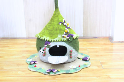 Authentic Design Felt Cat Cave With Placemat - Pet Friendly Cave -Premium Wool Cat House - Berries Design Cocoon- Pet Gift