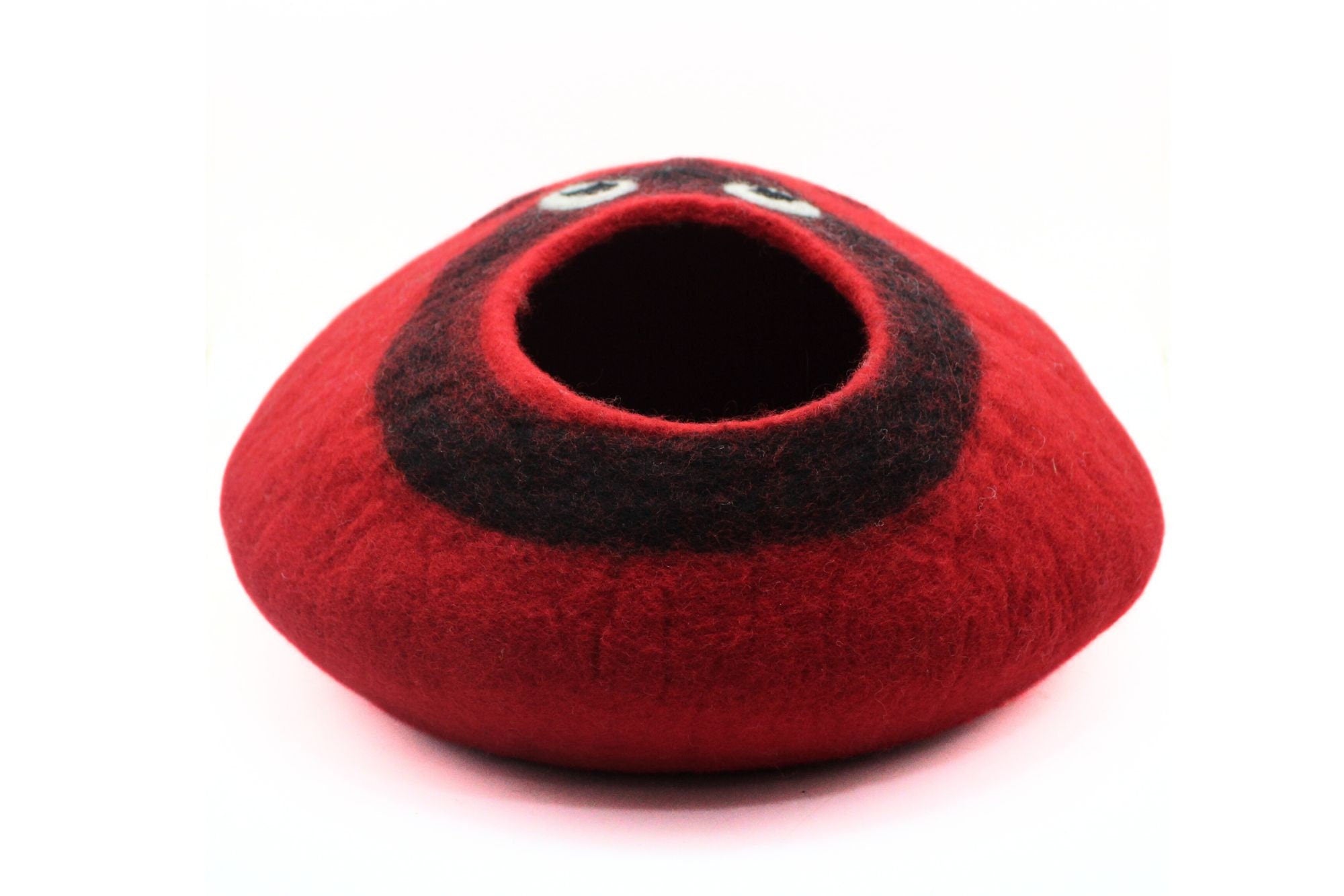 Felt Cat Cave In Printed Ladybug - Red And Black Color Round Wool Cat House - Handmade Woolen Cat  Furniture - Eco-Friendly And Customizable