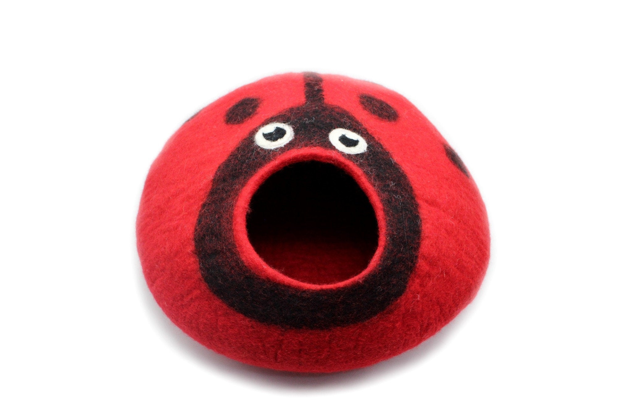 Felt Cat Cave In Printed Ladybug - Red And Black Color Round Wool Cat House - Handmade Woolen Cat  Furniture - Eco-Friendly And Customizable