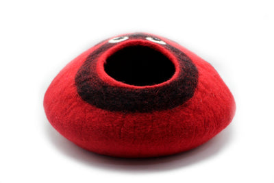 Felt Cat Cave In Printed Ladybug - Red And Black Color Round Wool Cat House - Handmade Woolen Cat  Furniture - Eco-Friendly And Customizable