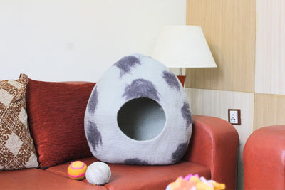 Felted Polka Dot Cat Cave Bed – Natural Wool Hideaway