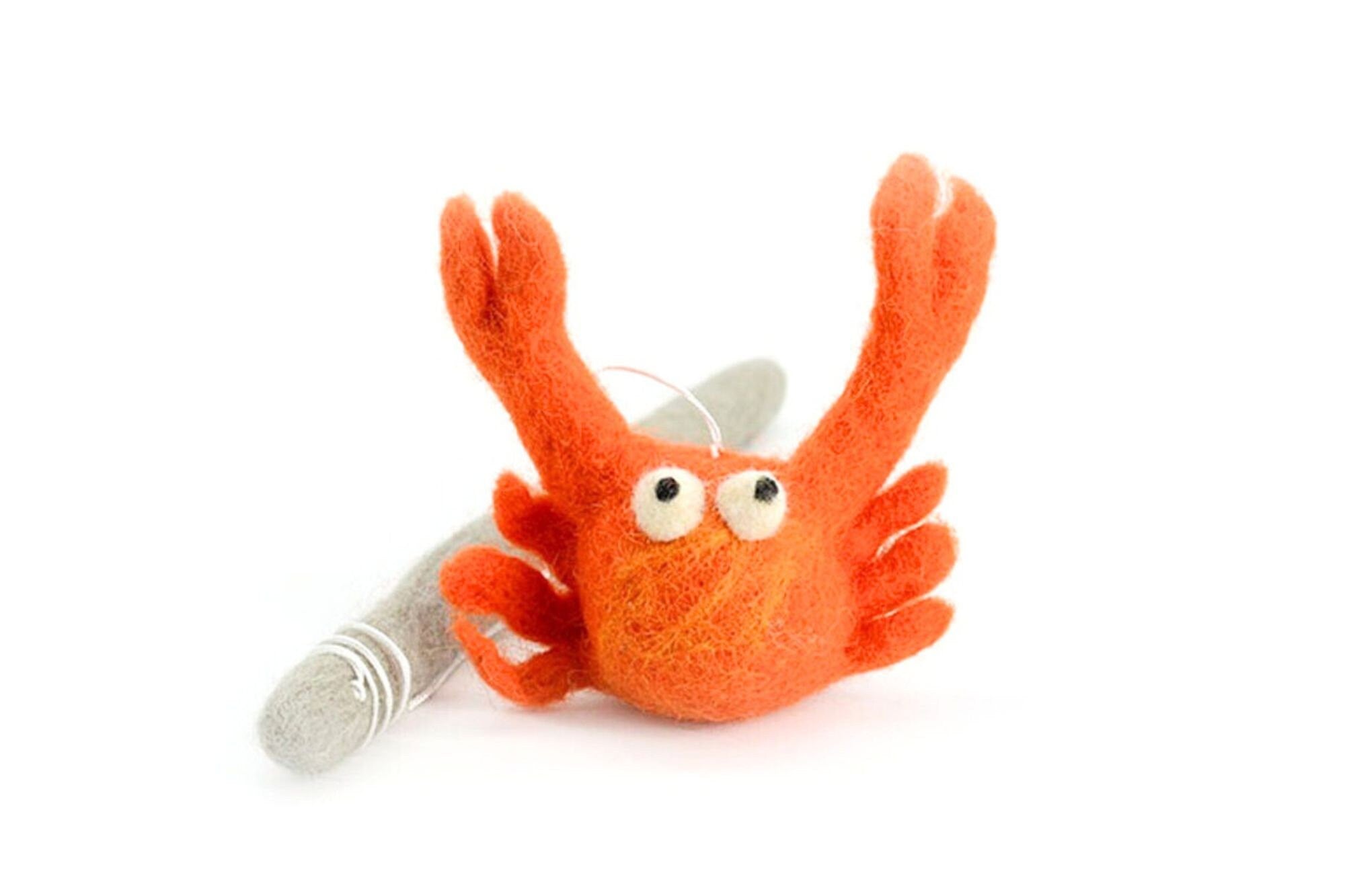 Set of 2 - Crab Wand Felt Cat Toys - Wool Felted Crab -  Cat and Dog Toys - Interactive Pet Teaser - Felt Play Ornament