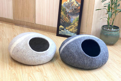 Handmade Gray Felt Cat Cave - Wool Cat House in Natural Grey Colors- Modern Pet Furniture- Ideal Gift For Pet Lover