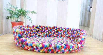 Large Felt Ball Dog Basket - Cozy Felt Dog Bed - Modern Pet Bed - Premium Multi-color  Couch - Warm Pet Furniture