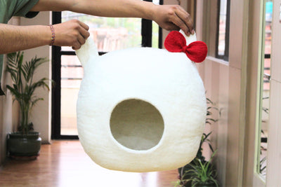 Cute White Handmade Felt Wool Cat Bed From Pure Wool- Gift For Your Cat
