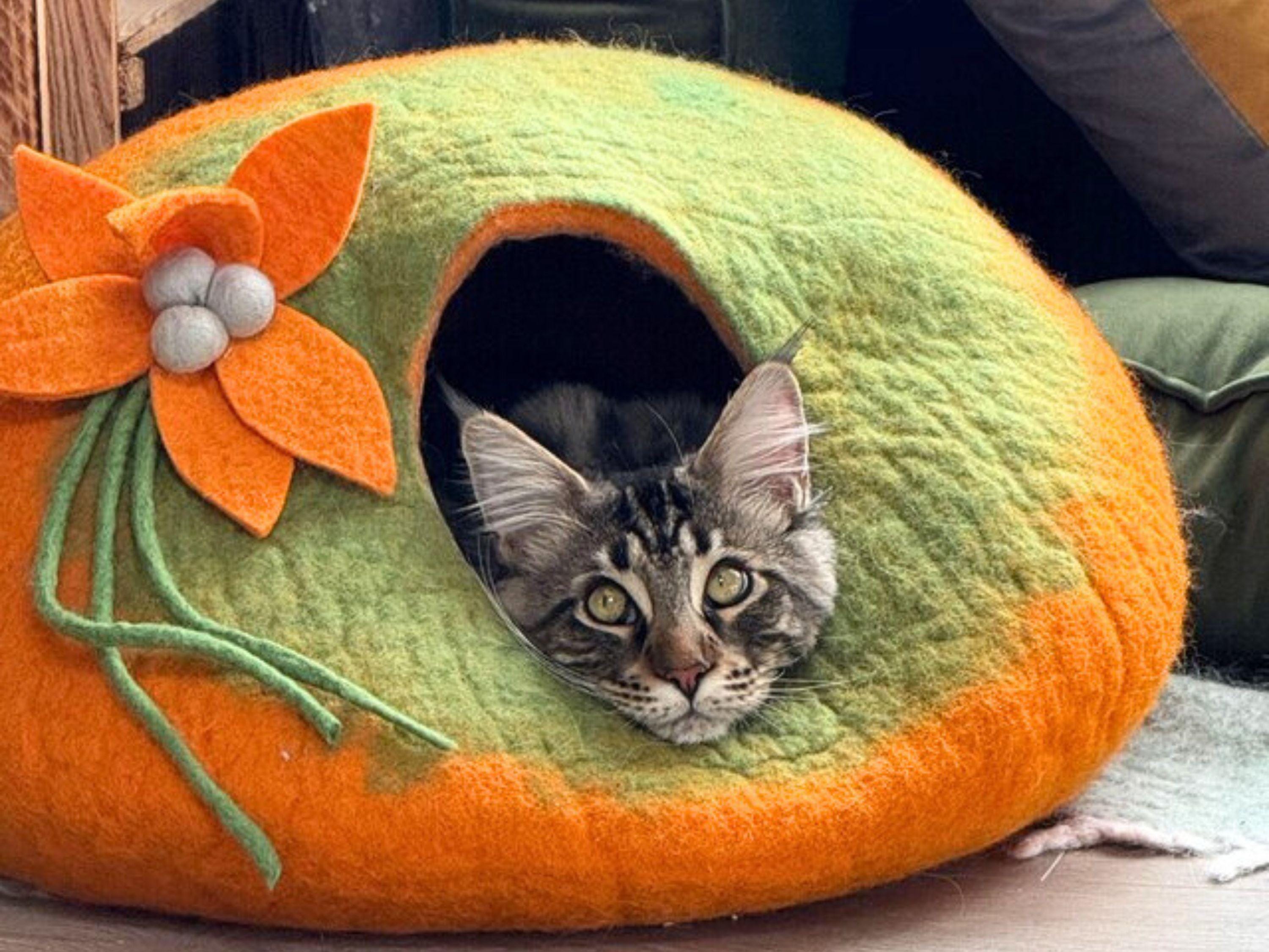 Handmade Felt Cat Cave – Orange Floral Wool Pet Bed
