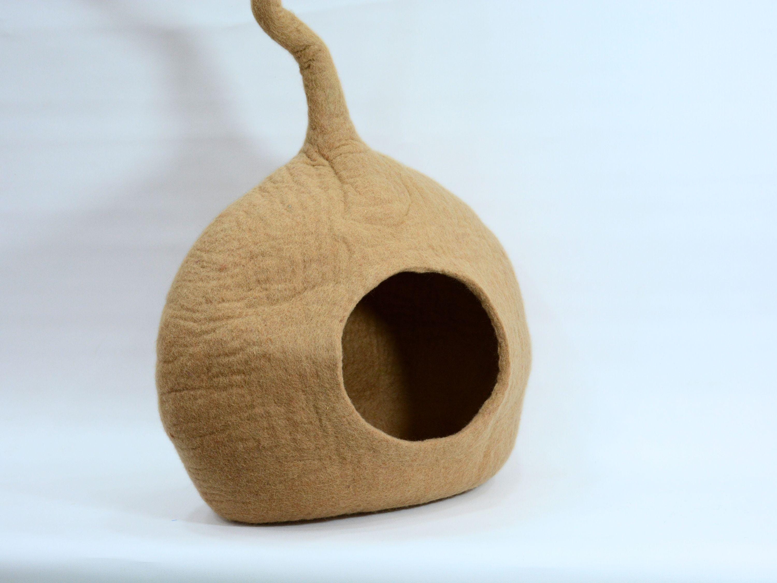 Hand Felted Wool Cat Cave – Beige Kitty House, Modern Pet Bed