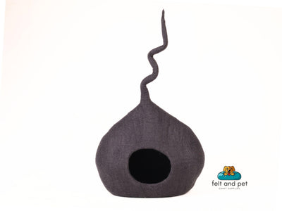 Ash Grey Wool Cat House With Tail, Handmade Cat Cave Using 100% Pure & Natural Wool, AZO Free, Soft And Cozy Pet Bed