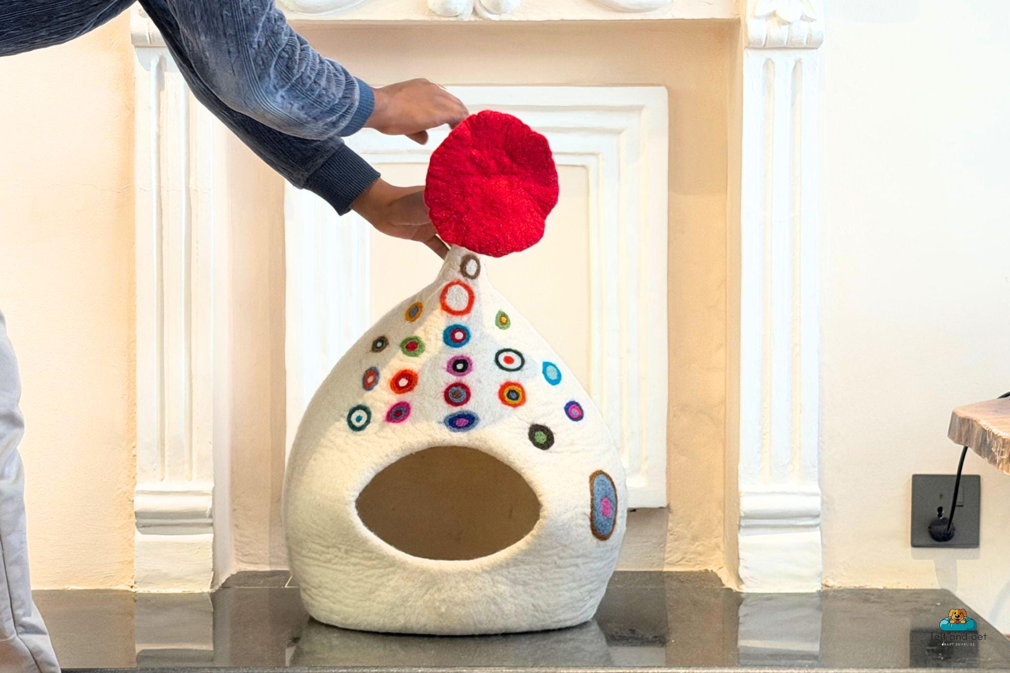 Cream White Rainbow Dot Fish Tail Cat Cave – Handmade Wool Felt Pet Bed, Cozy Cat House, Unique Fish Design, Modern Home Décor