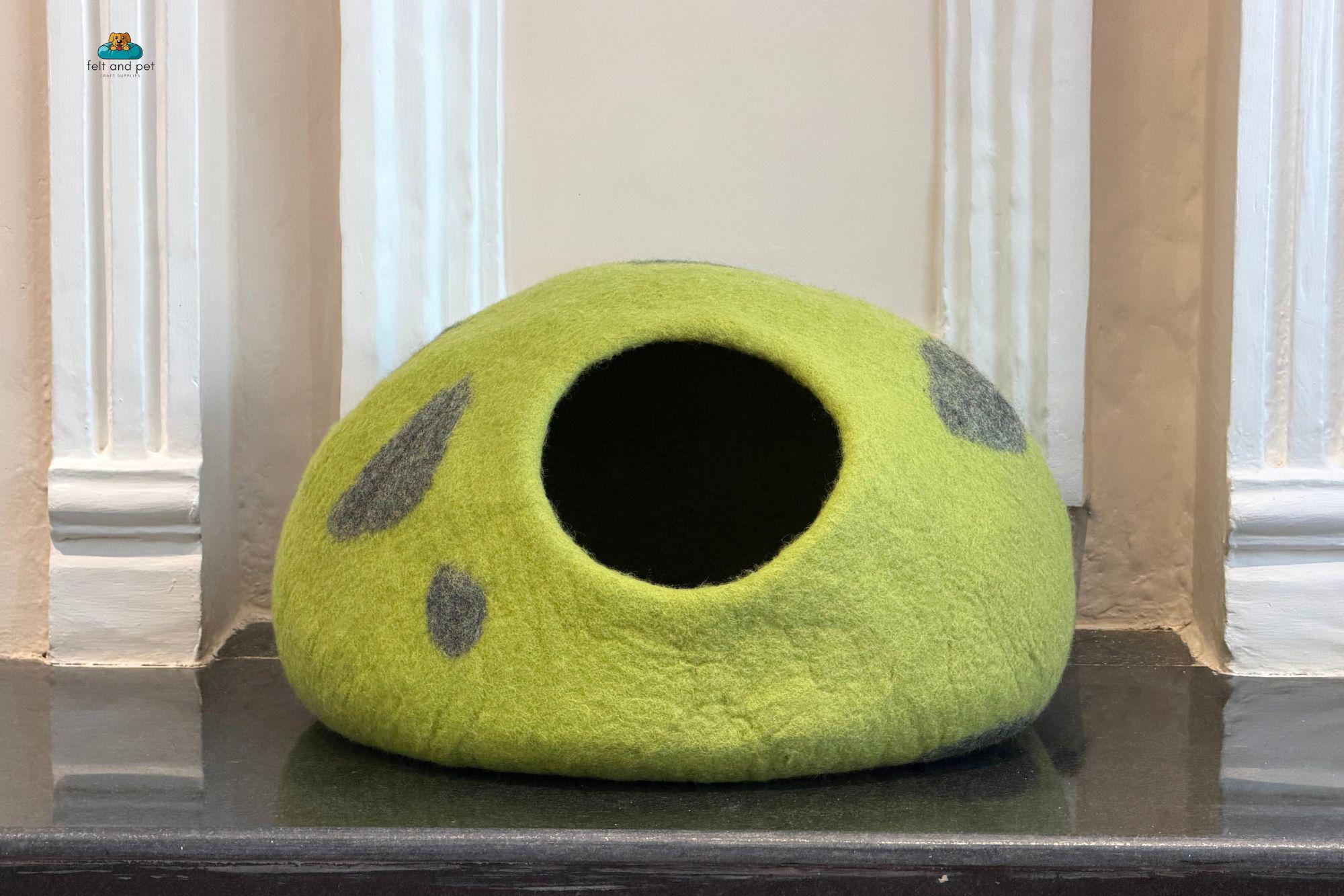 Handmade Colorful Dot Tail Cat Cave – Wool Felt Pet House, Cozy Hideout for Cats, Made in Nepal.
