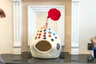 Cream White Rainbow Dot Fish Tail Cat Cave – Handmade Wool Felt Pet Bed, Cozy Cat House, Unique Fish Design, Modern Home Décor