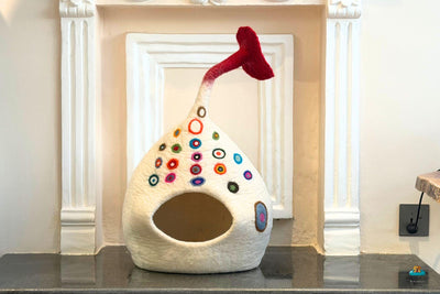 Cream White Rainbow Dot Fish Tail Cat Cave – Handmade Wool Felt Pet Bed, Cozy Cat House, Unique Fish Design, Modern Home Décor