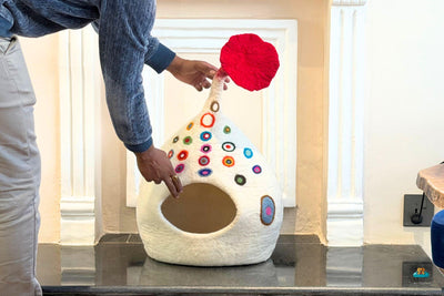 Cream White Rainbow Dot Fish Tail Cat Cave – Handmade Wool Felt Pet Bed, Cozy Cat House, Unique Fish Design, Modern Home Décor
