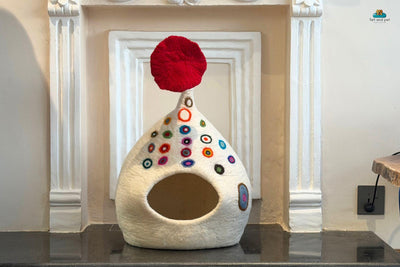 Handmade Colorful Dot Tail Cat Cave – Wool Felt Pet House, Cozy Hideout for Cats, Made in Nepal.
