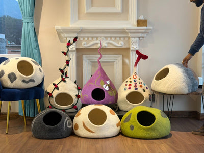 Handmade Colorful Dot Tail Cat Cave – Wool Felt Pet House, Cozy Hideout for Cats, Made in Nepal.