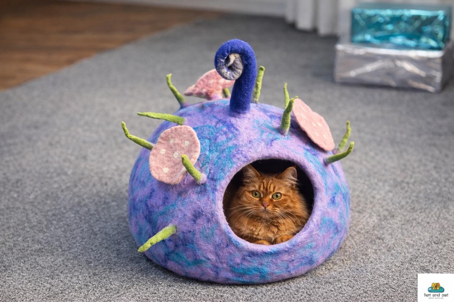 Blueberry Petal Pod  Cat Cave - Handmade Eco-Friendly Cat Bed, Cozy Kitty Hideaway, Floral Pet House – Cat Cocoon, Made in Nepal.