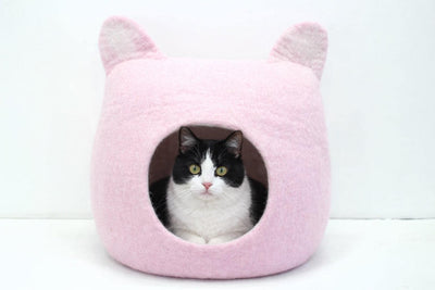 Wool Felt Cat Cave – Pink Square Pet Bed with Ears