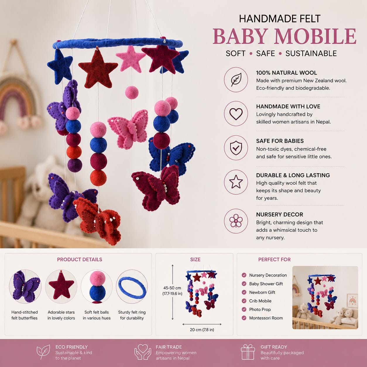 Farverig filt sommerfugl babymobil dekoration